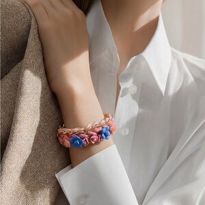 Handmade Knitted Floral Pink and Gold Bracelet